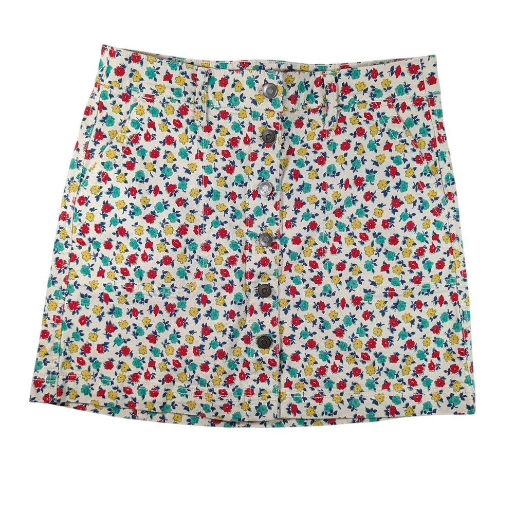 J.Crew Mercantile Mini Skirt Women 4 Ivory Floral Button Front Cotton Stretch